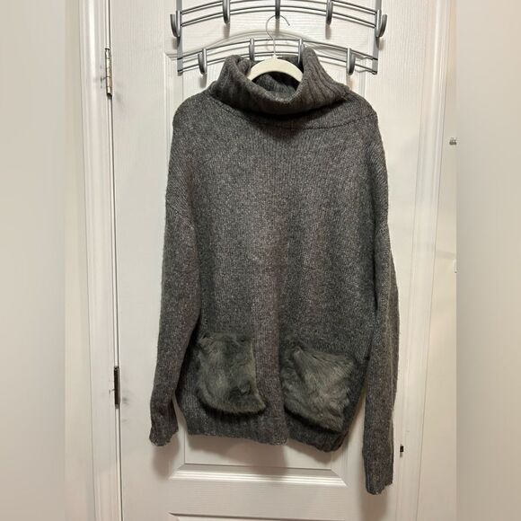 Zara Slouchy oversized Turtleneck sweater alpaca blend Womens S fur pockets Boho - Picture 1 of 15